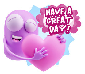 3d Rendering. Emoji in love holding heart shape saying Have A Gr