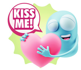 3d Rendering. Emoji in love holding heart shape saying Kiss Me w