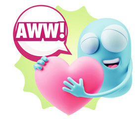 3d Rendering. Emoji in love holding heart shape saying Awww with