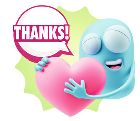 3d Rendering. Emoji in love holding heart shape saying Thanks wi