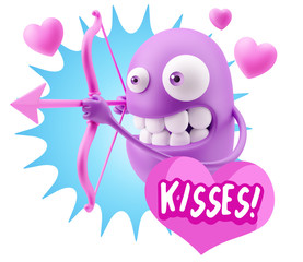 3d Rendering. Valentine Day Cupid Emoticon Face saying Kisses wi