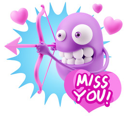 3d Rendering. Valentine Day Cupid Emoticon Face saying Miss You