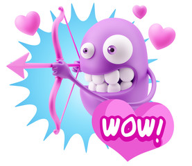 3d Rendering. Valentine Day Cupid Emoticon Face saying Wow with