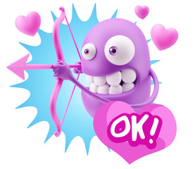 3d Rendering. Valentine Day Cupid Emoticon Face saying Ok with C