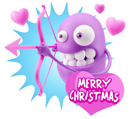 3d Rendering. Valentine Day Cupid Emoticon Face saying Merry Chr