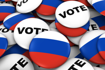 Russia Elections Concept - Russian Flag and Vote Badges 3D Illustration