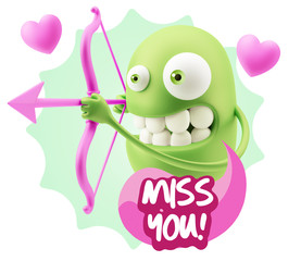 3d Rendering. Valentine Day Cupid Emoticon Face saying Miss You