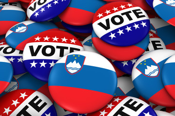 Slovenia Elections Concept - Slovenian Flag and Vote Badges 3D Illustration