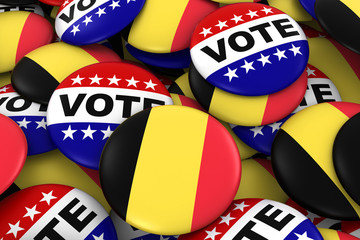Belgium Elections Concept - Belgian Flag and Vote Badges 3D Illustration