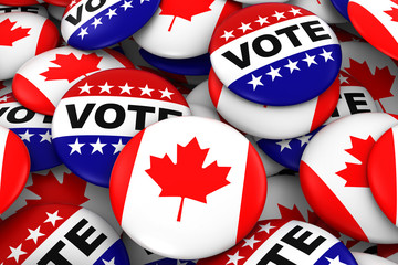 Canada Elections Concept - Canadian Flag and Vote Badges 3D Illustration