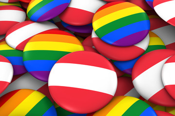 Austria Gay Rights Concept - Austrian Flag and Gay Pride Badges 3D Illustration