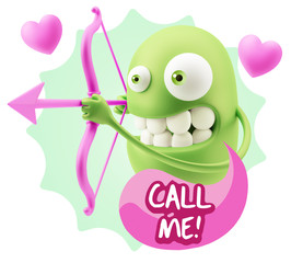 3d Rendering. Valentine Day Cupid Emoticon Face saying Call Me w