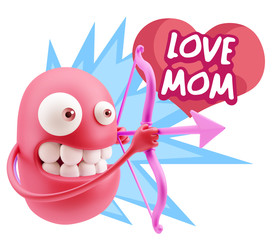 3d Rendering. Valentine Day Cupid Emoticon Face saying Love Mom