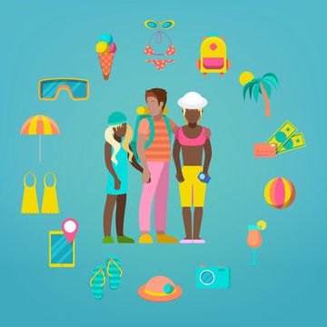 Family Travel Tourism Icons Set with Tourist and Sea Vacations Accessories. Vector illustration