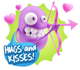3d Rendering. Valentine Day Cupid Emoticon Face saying Hugs And