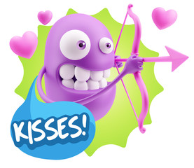 3d Rendering. Valentine Day Cupid Emoticon Face saying Kisses wi