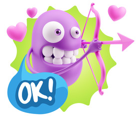 3d Rendering. Valentine Day Cupid Emoticon Face saying Ok with C