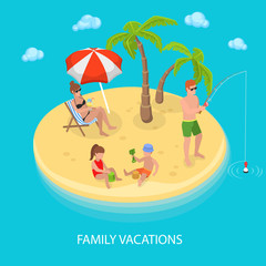 Obraz na płótnie Canvas Isometric Tropical Island Beach with Happy Family Relaxing. Vector illustration