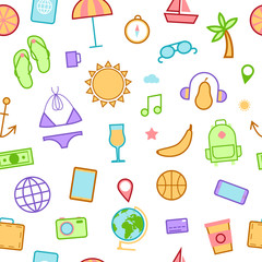 Summer Time Seamless Background with Sea Vacation Accessories. Vector illustration