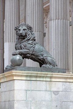 Lion Statue Las Cortes Building Facade Madrid Spain