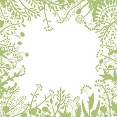 Decorative frame of hand-drawn and painted twigs with leaves, berries and flowers. Vector graphics.