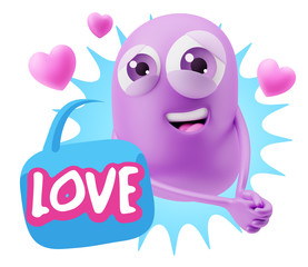 3d Rendering. Emoji in love with hearts shapes saying Love with