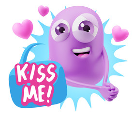 3d Rendering. Emoji in love with hearts shapes saying Kiss Me wi