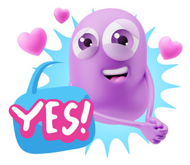 3d Rendering. Emoji in love with hearts shapes saying Yes with C