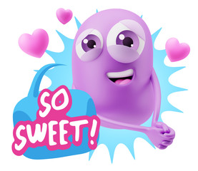 3d Rendering. Emoji in love with hearts shapes saying So Sweet w