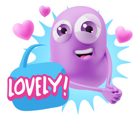 Fototapeta premium 3d Rendering. Emoji in love with hearts shapes saying Lovely wit