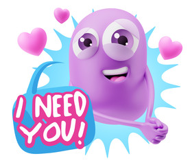 3d Rendering. Emoji in love with hearts shapes saying I Need You