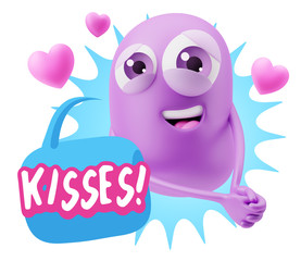 3d Rendering. Emoji in love with hearts shapes saying Kisses wit