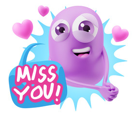 3d Rendering. Emoji in love with hearts shapes saying Miss You w