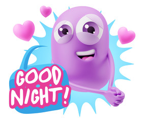 3d Rendering. Emoji in love with hearts shapes saying Good Night