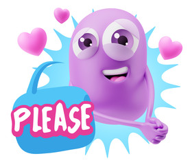 3d Rendering. Emoji in love with hearts shapes saying Please wit