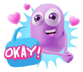 3d Rendering. Emoji in love with hearts shapes saying Okay with