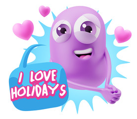 3d Rendering. Emoji in love with hearts shapes saying I Love Hol