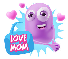 3d Rendering. Emoji in love with hearts shapes saying Love Mom w