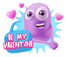 3d Rendering. Emoji in love with hearts shapes saying Be My Vale