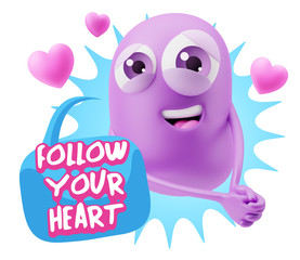 3d Rendering. Emoji in love with hearts shapes saying Follow You