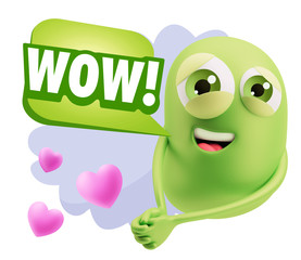 3d Rendering. Emoji in love with hearts shapes saying Wow with C