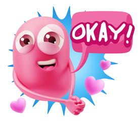 3d Rendering. Emoji in love with hearts shapes saying Okay with