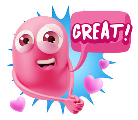 3d Rendering. Emoji in love with hearts shapes saying Great with