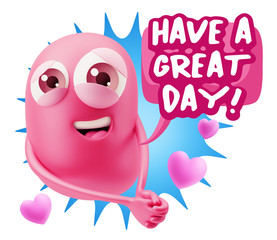 3d Rendering. Emoji in love with hearts shapes saying Have A Gre