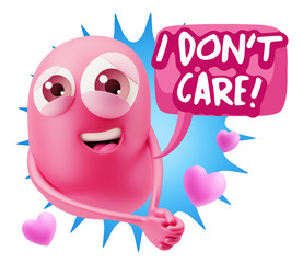 3d Rendering. Emoji in love with hearts shapes saying I Don't Ca