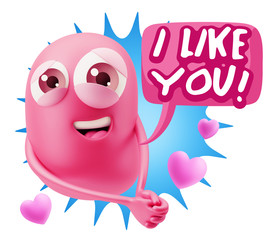 3d Rendering. Emoji in love with hearts shapes saying I Like You
