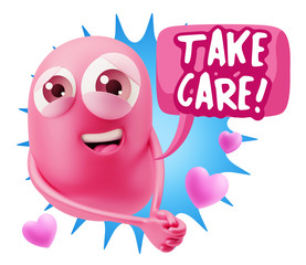 3d Rendering. Emoji in love with hearts shapes saying Take Care