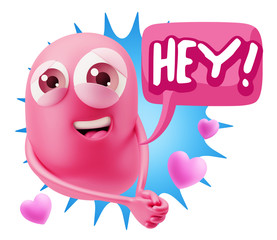 3d Rendering. Emoji in love with hearts shapes saying Hey with C