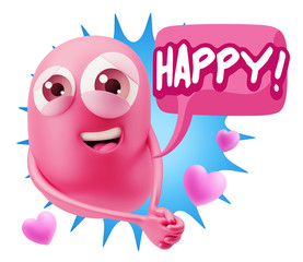 3d Rendering. Emoji in love with hearts shapes saying Happy with