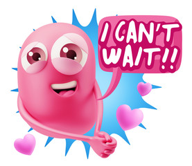 3d Rendering. Emoji in love with hearts shapes saying I Can't Wa